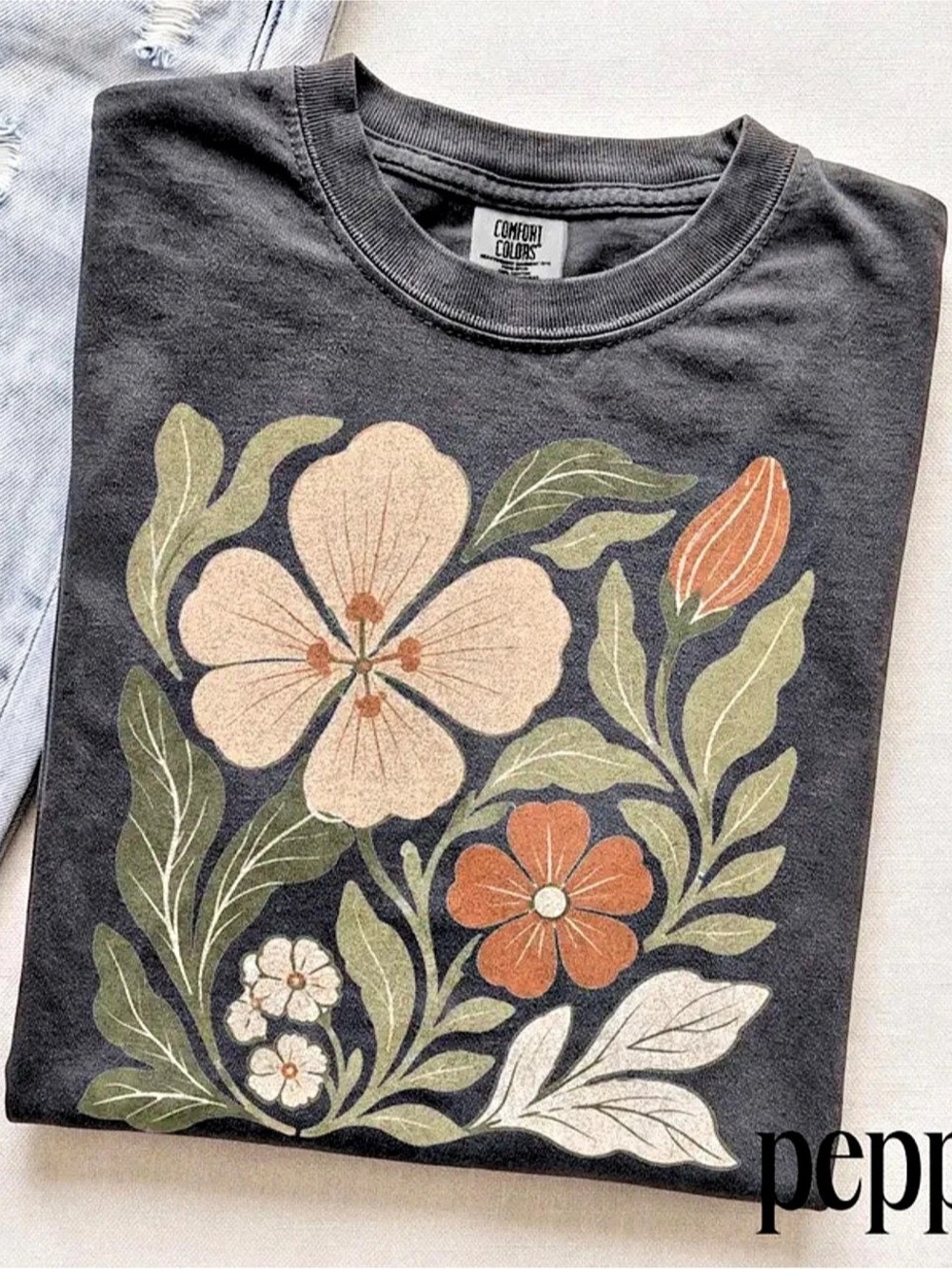 Comfort Colors Pepper Heavyweight Garment-Dyed T-Shirt Floral Graphic Tee